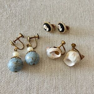 Vintage Clip On Earring Lot Seashell Cameo Pearl